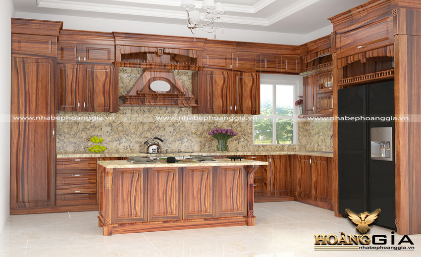 Thiết kế tủ bếp tân cổ điển cao cấp được làm bằng chất liệu gỗ tự nhiên