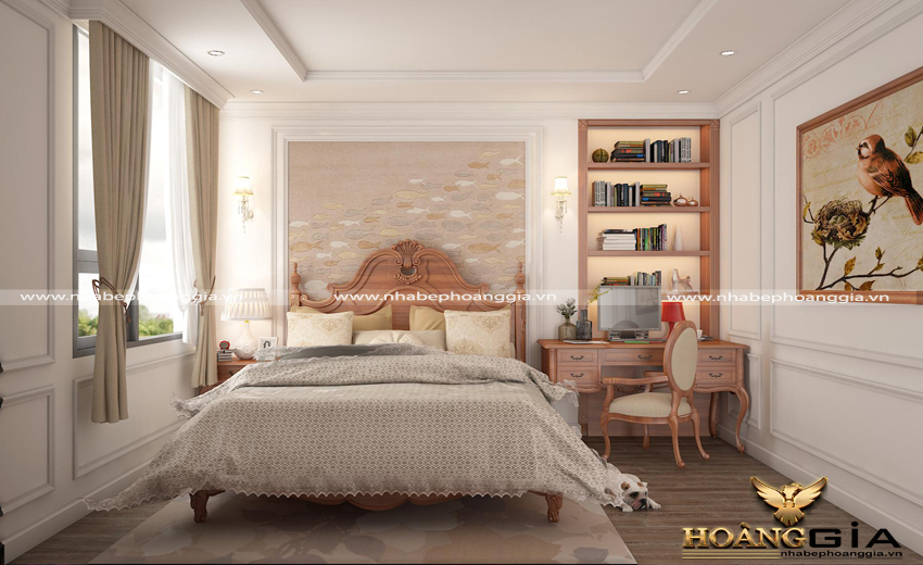 Phòng ngủ tân cổ điển với gam màu gỗ tự nhiên