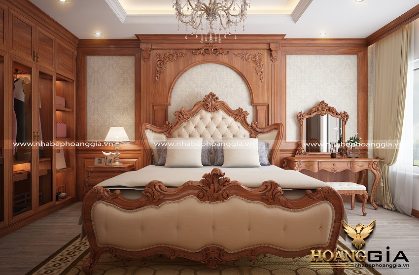 Thiết kế nội thất phòng ngủ tân cổ điển với chất liệu gỗ gõ đỏ ấn tượng