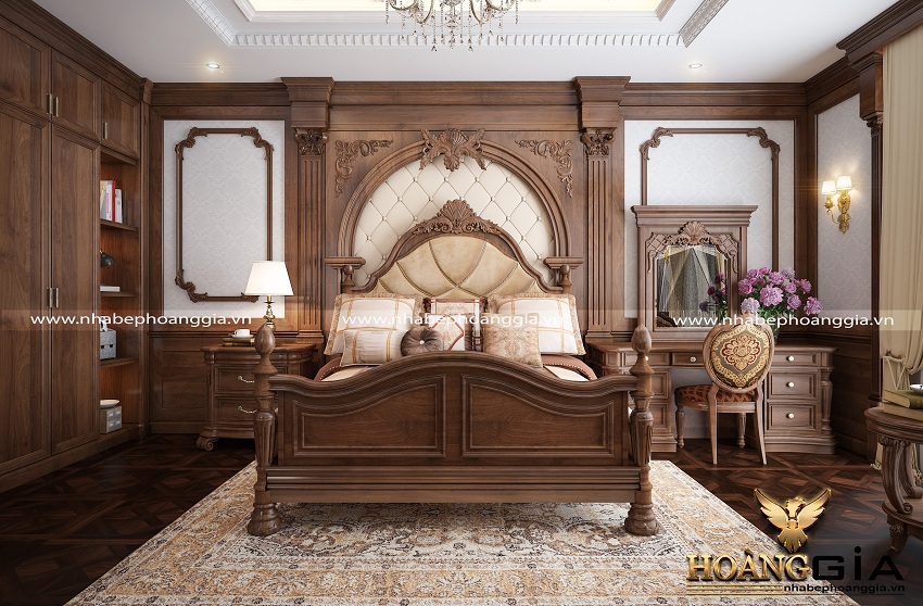 Nội thất phòng ngủ tân cổ điển với chất liệu gỗ tự nhiên sang trọng
