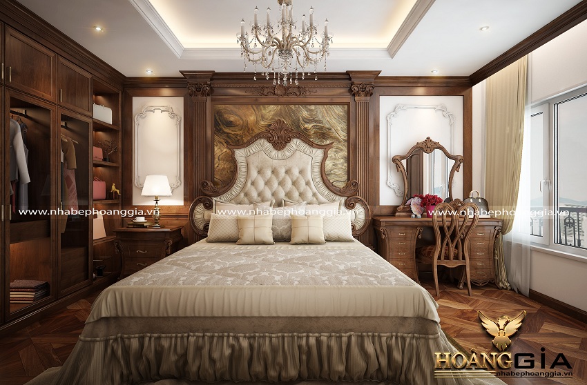 Thiết kế nội thất phòng ngủ tân cổ điển với chất liệu gỗ tự nhiên mộc mạc