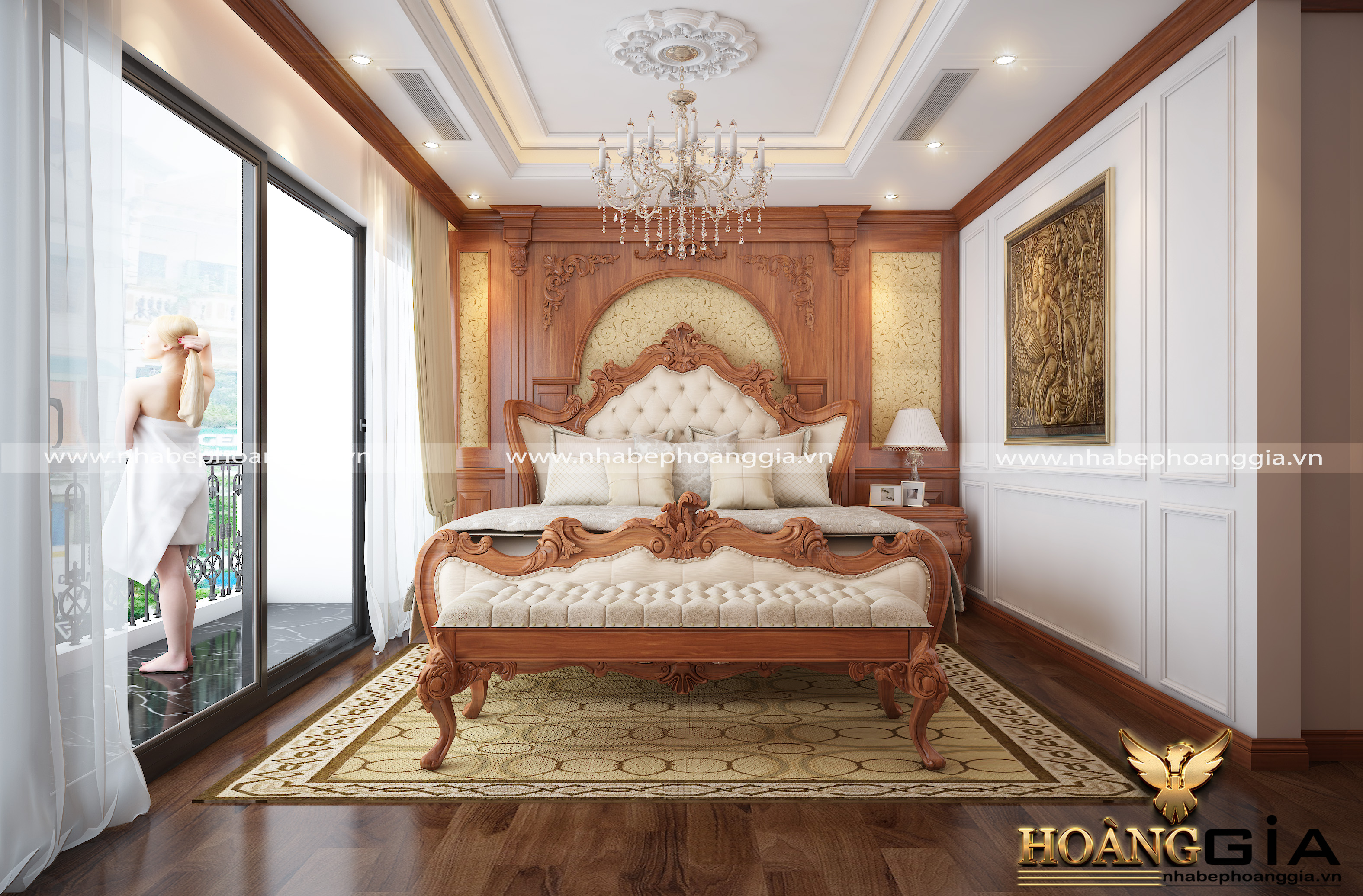 Thiết kế nội thất phòng ngủ tân cổ điển với gỗ gõ đỏ tự nhiên