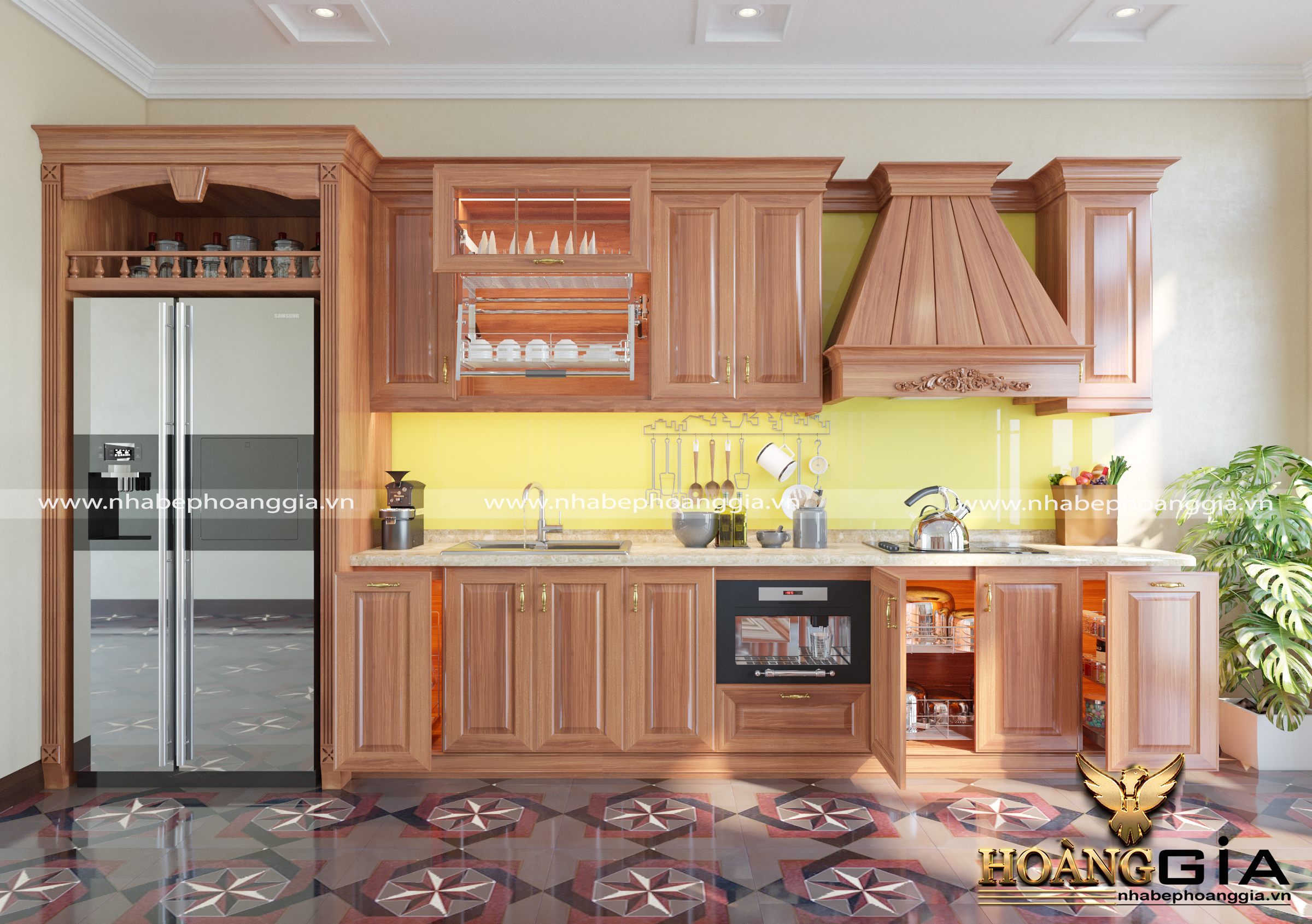Không gian nội thất phòng bếp tân cổ điển chất liệu gỗ tự nhiên