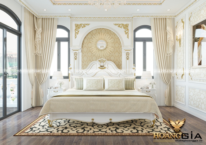Nội thất phòng ngủ tân cổ điển sơn trắng dát vàng đầy trang nhã