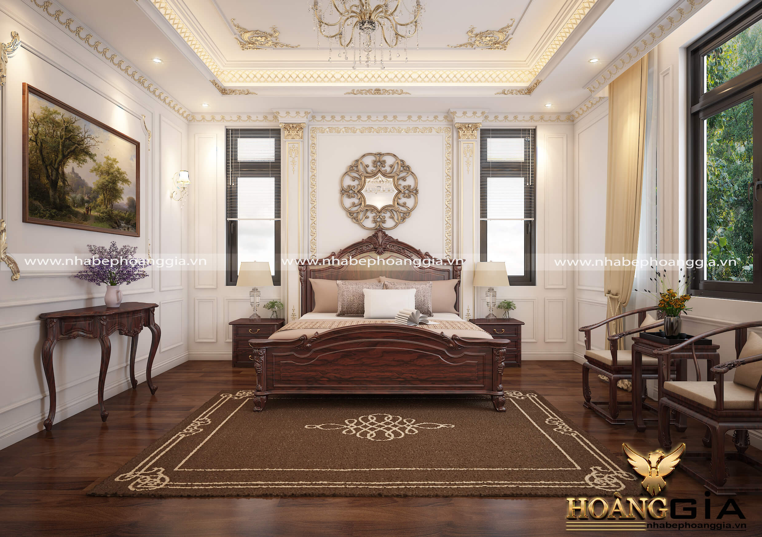 Không gian nội thất phòng ngủ tân cổ điển với chất liệu gỗ tự nhiên sang trọng