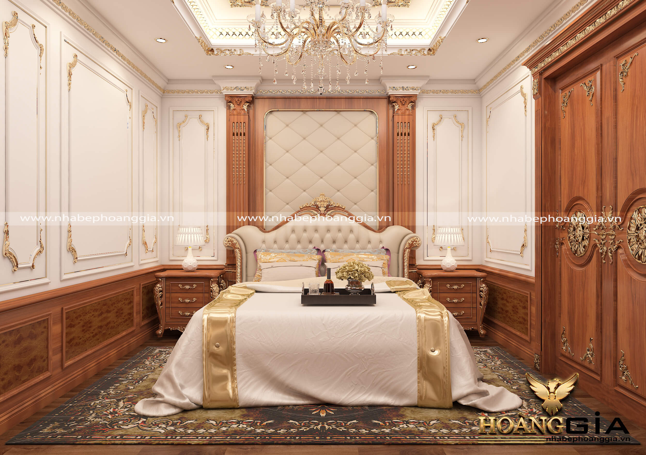 Mẫu thiết kế phòng ngủ phong cách tân cổ điển sang trọng với chất liệu gỗ gõ đỏ