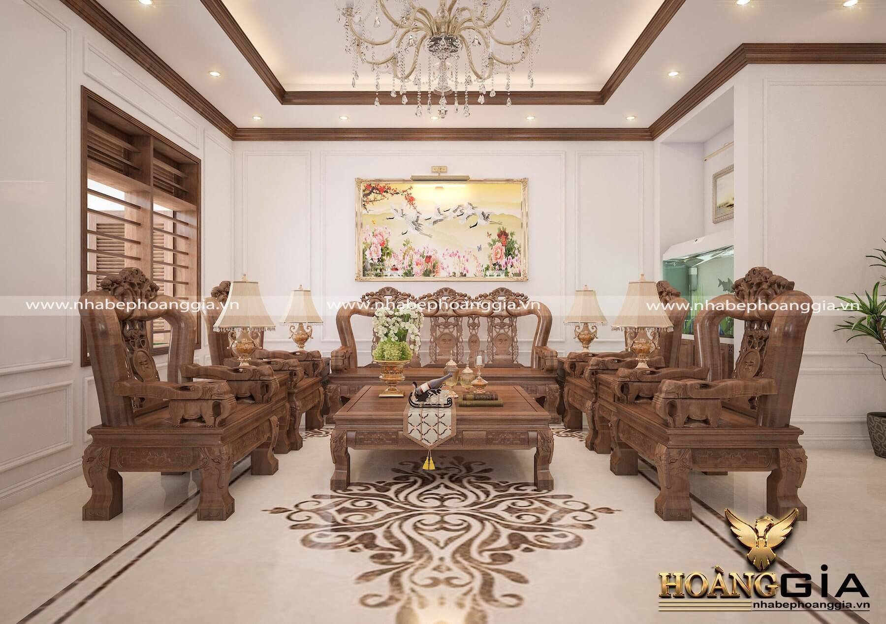 Nội thất phòng khách tân cổ điển gỗ tự nhiên quý hoành tráng lay động lòng  người tại Hà Nội