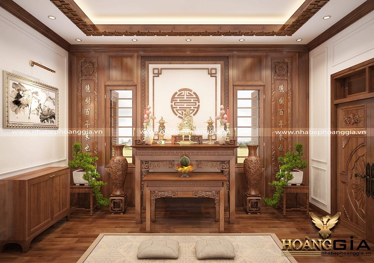 Mẫu thiết kế phòng thờ gỗ tự nhiên trang nghiêm sang trọng