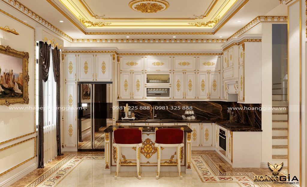 Mẫu thiết kế tủ bếp tân cổ điển hoàng gia dát vàng sang trọng